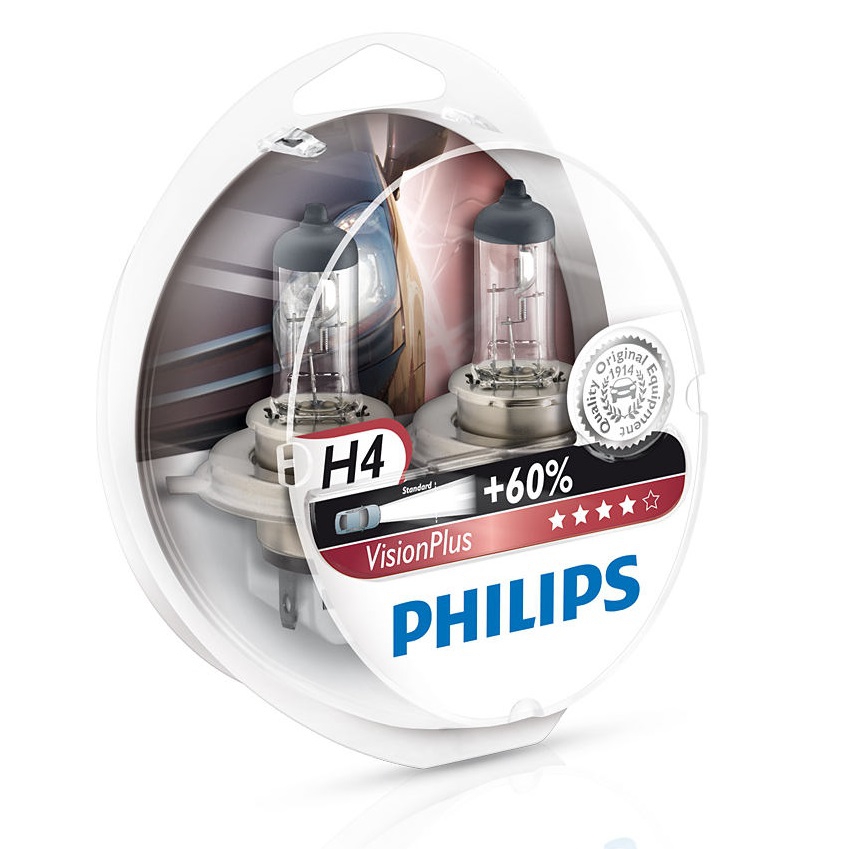 Лампы PHILIPS Vision Plus H4,12V 60/55W, +60% (Комплект - 2 шт.)